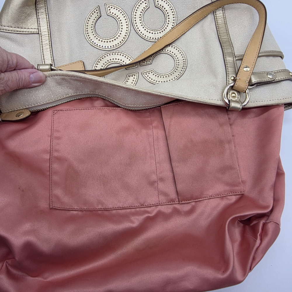 COACH Natalie Metallic Gold Bag Beige Cream Canvas Leather Tote Purse Bag 16756 - Picture 10 of 13